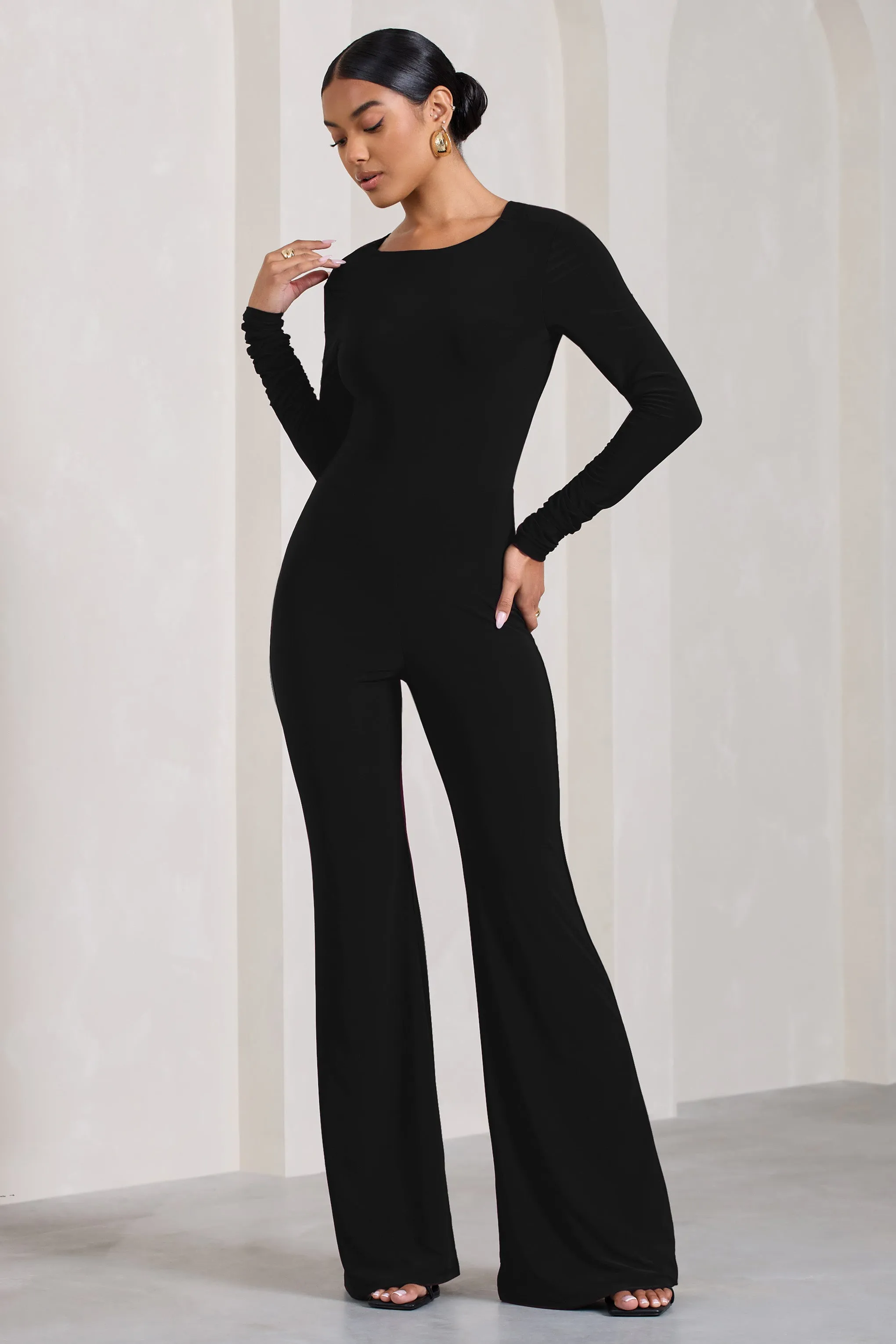 Lana | Black Long-Sleeved Flared-Leg Jumpsuit sold by Club L London product image thumbnail 2