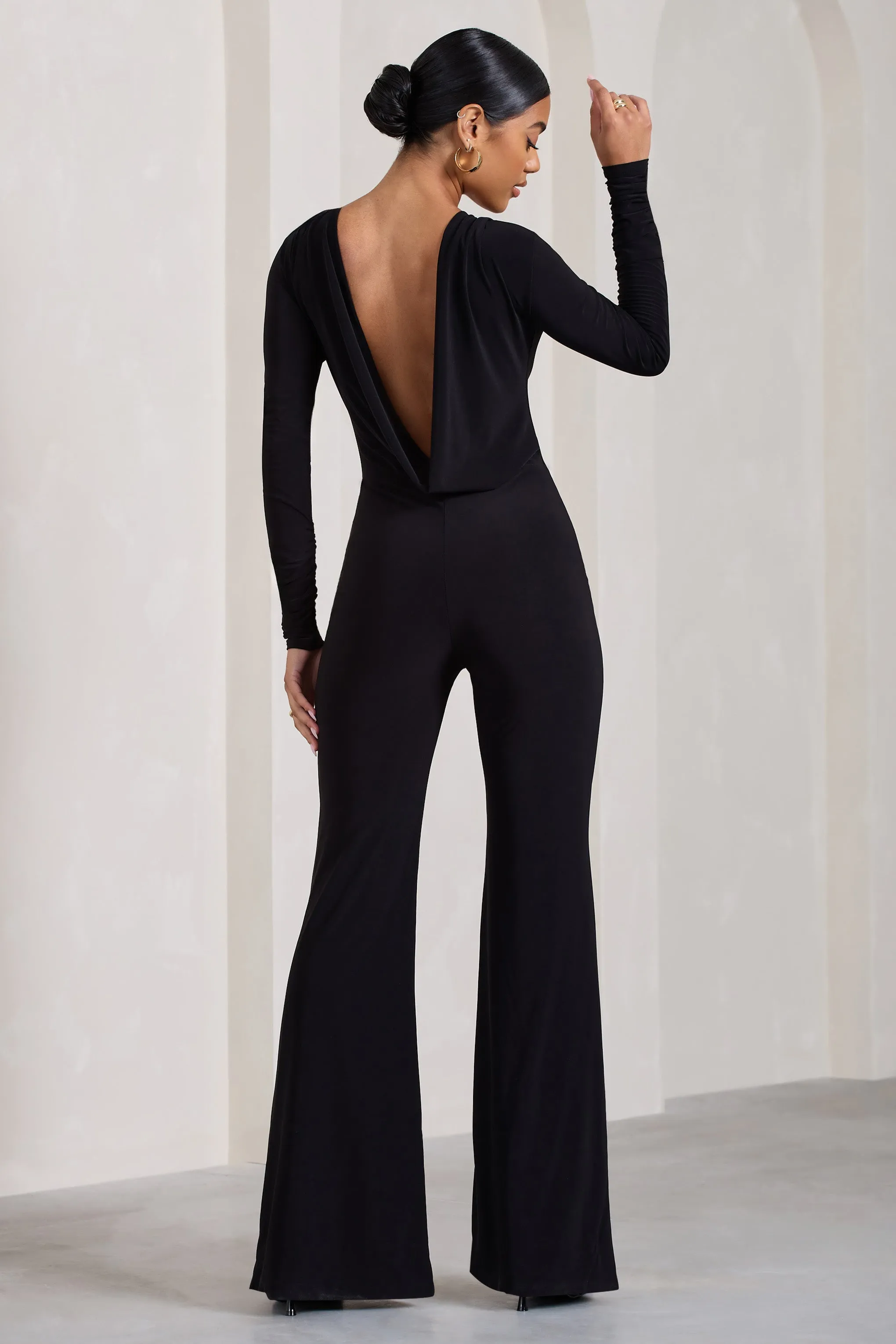 Lana | Black Long-Sleeved Flared-Leg Jumpsuit sold by Club L London
