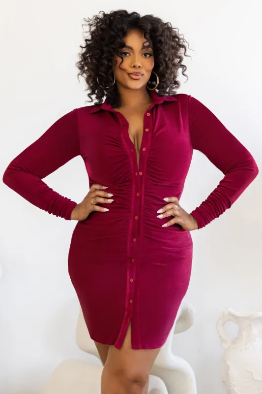 One To Remember | Plus Berry Bodycon Ruched Long Sleeve Shirt Mini Dress sold by Club L London