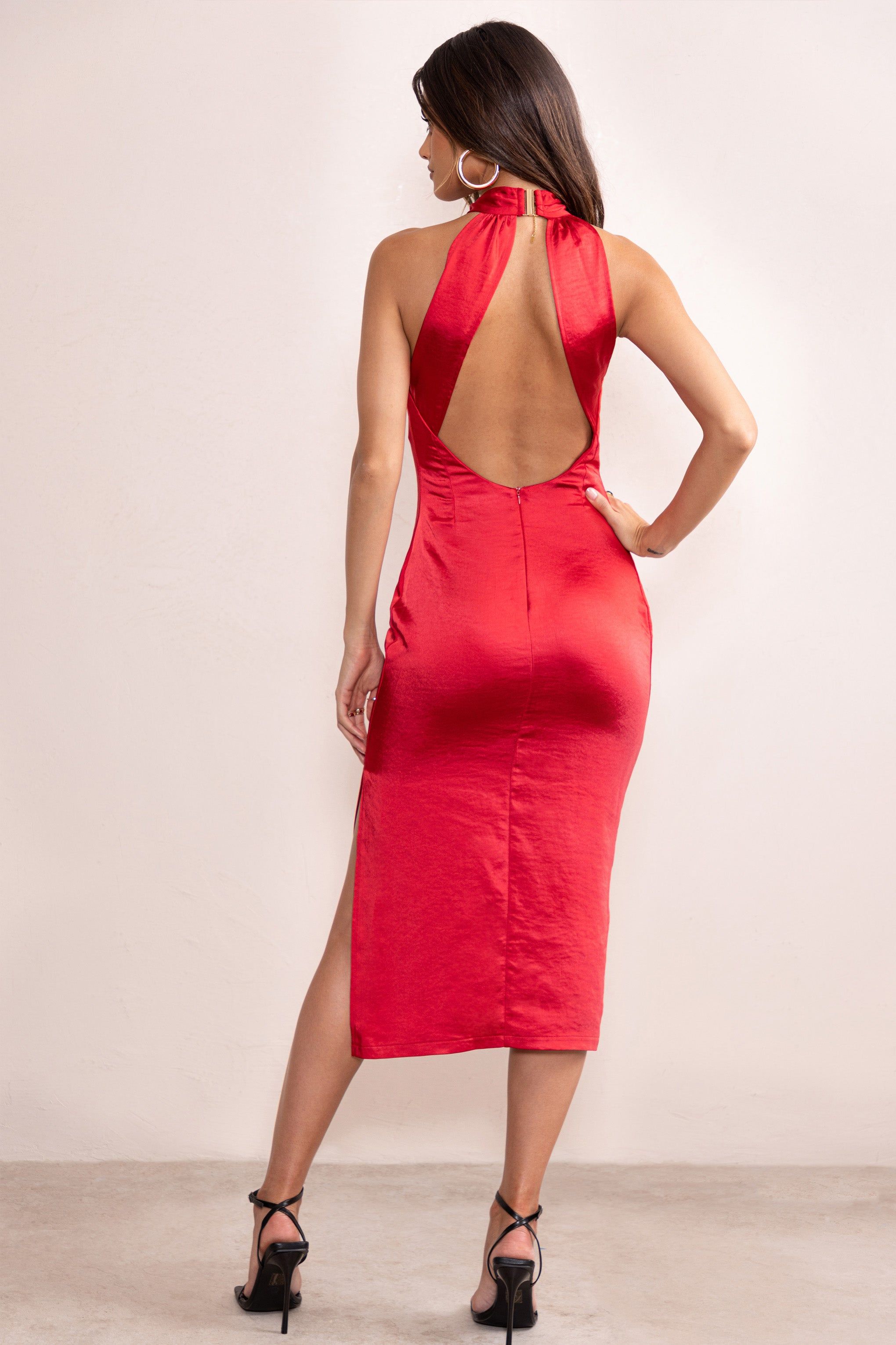 Dazzling | Red Satin Cross Over Halter Neck Midi Dress sold by Club L London product image thumbnail 2