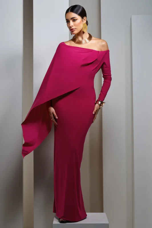 Jana | Dark Pink Bardot Cape Maxi Dress sold by Club L London
