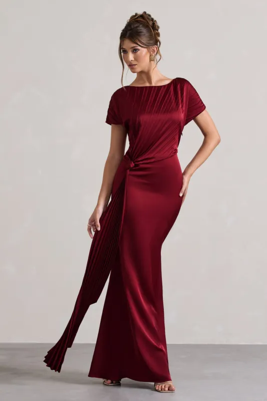 Ambrosia | Berry Satin Pleated Maxi Dress With Drape sold by Club L London