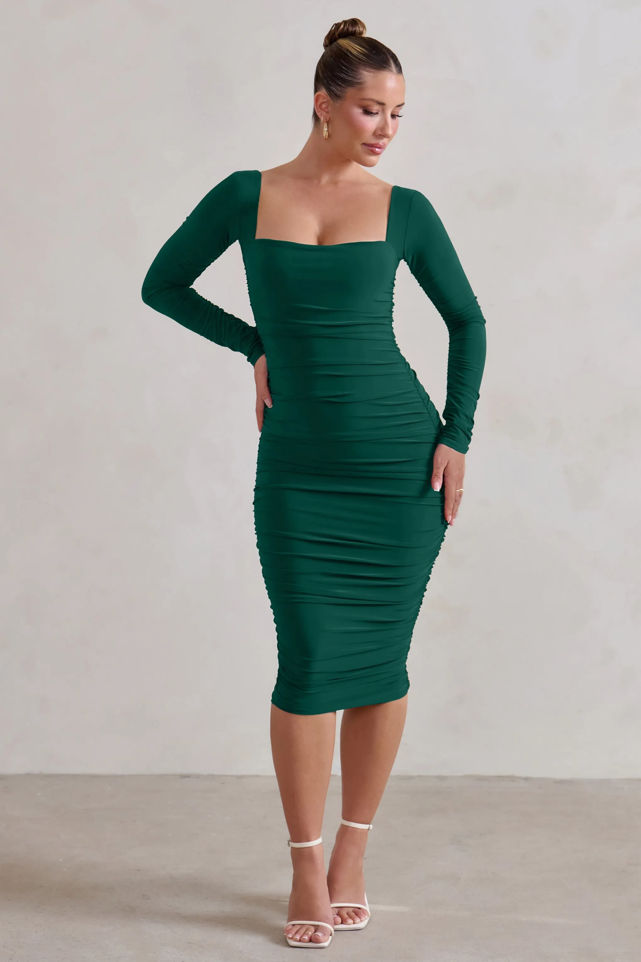 Seductress | Bottle Green Square Neck Bodycon Midi Dress With Long Sleeves sold by Club L London product image thumbnail 4
