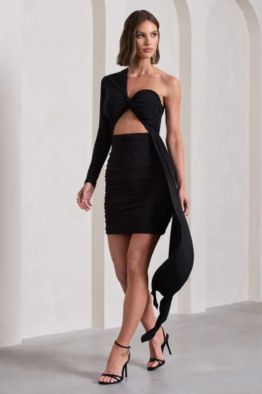 Cecelia | Black Ruched One-Sleeve Twist Mini Dress With Drape sold by Club L London