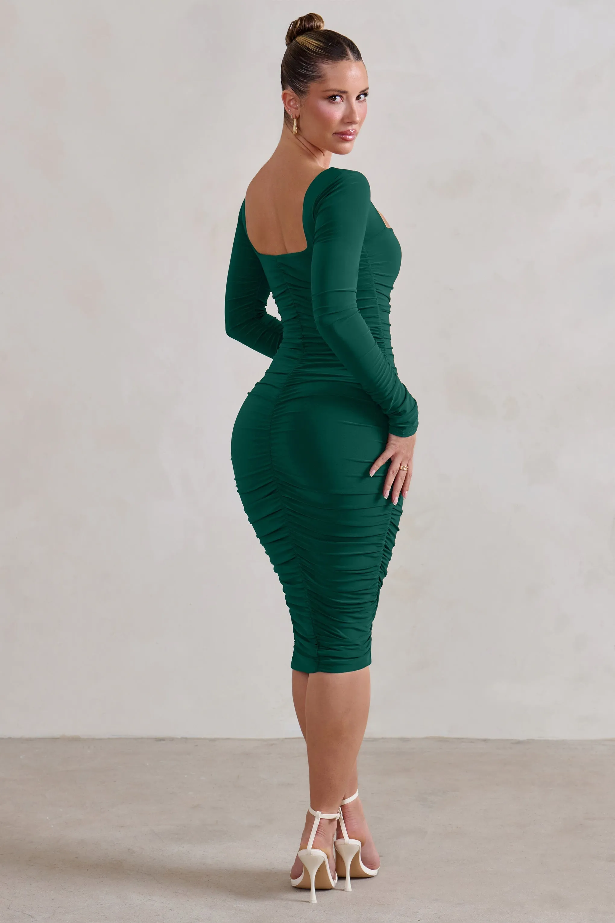 Seductress | Bottle Green Square Neck Bodycon Midi Dress With Long Sleeves sold by Club L London product image thumbnail 2
