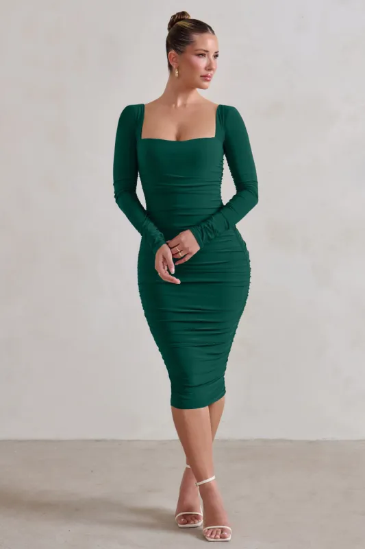 Seductress | Bottle Green Square Neck Bodycon Midi Dress With Long Sleeves sold by Club L London