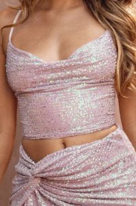 Precious Metal | Pink Iridescent Sequin Cowl Neck Crop Top sold by Club L London