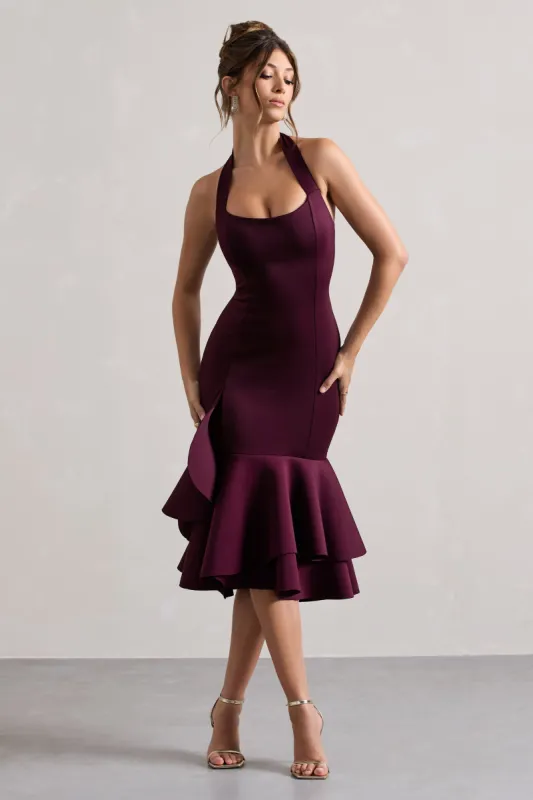 Arla | Plum Halter-Neck Ruffle Trim Midi Dress sold by Club L London