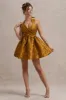 Pixi | Mustard Floral Print Sweetheart Neck Mini Dress sold by Club L London