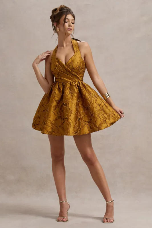 Pixi | Mustard Floral Print Sweetheart Neck Mini Dress sold by Club L London