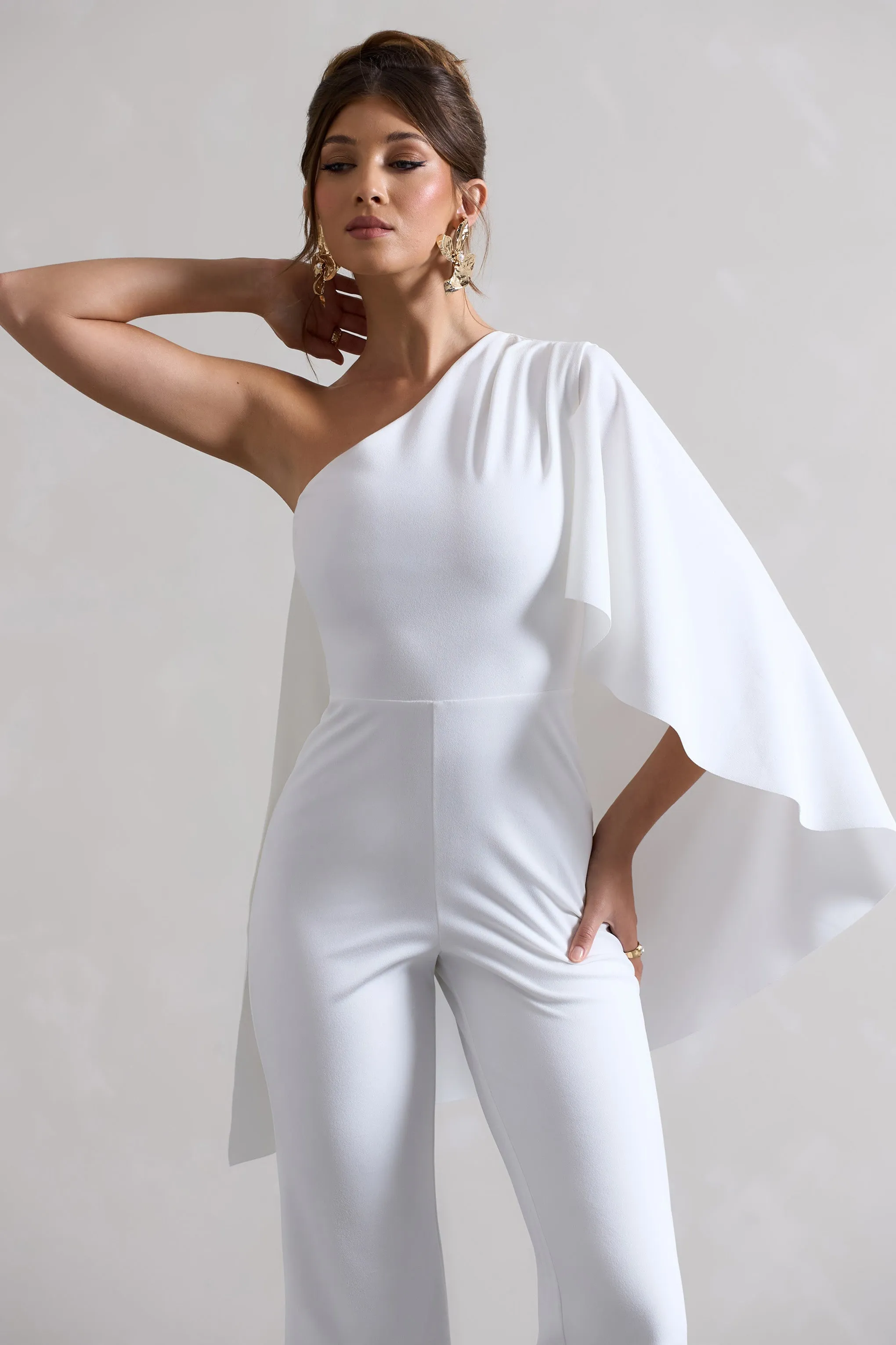 Pristine | White One Shoulder Cape Sleeve Flared-Leg Jumpsuit sold by Club L London product image thumbnail 3