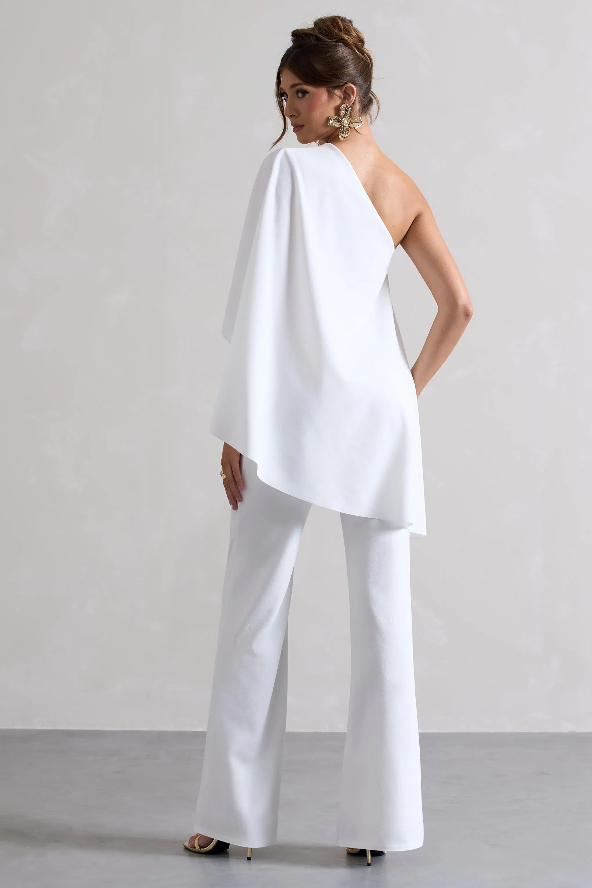 Pristine | White One Shoulder Cape Sleeve Flared-Leg Jumpsuit sold by Club L London product image thumbnail 2