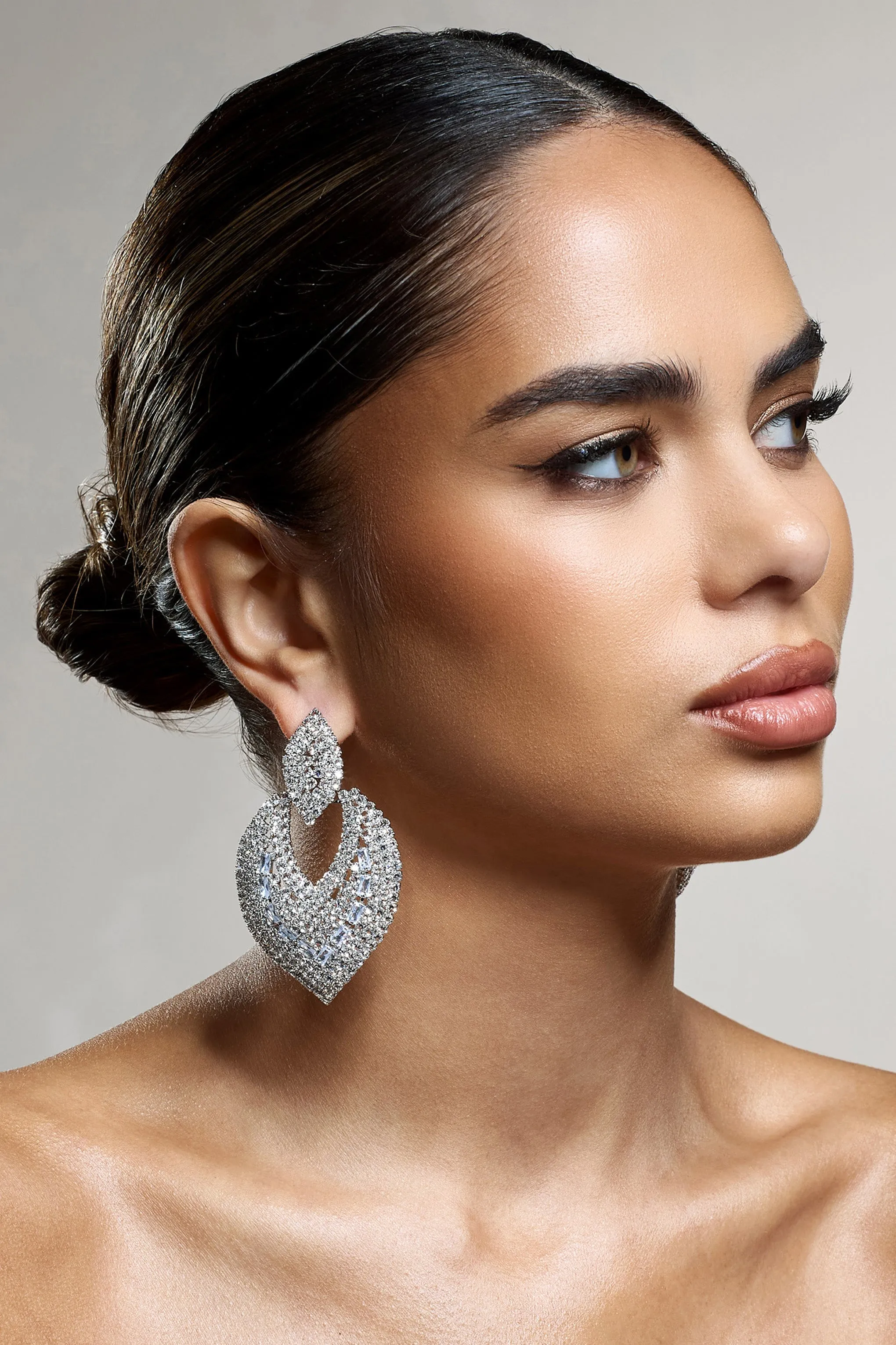 Miyo | Silver Diamante Leaf Drop Earrings sold by Club L London product image thumbnail 3