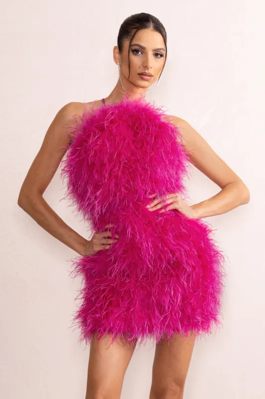 Gina | Pink High Neck Feather Mini Dress With Cross Back sold by Club L London