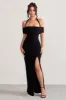 Anisa | Black Halter Neck Bardot Maxi Dress With Thigh Split sold by Club L London