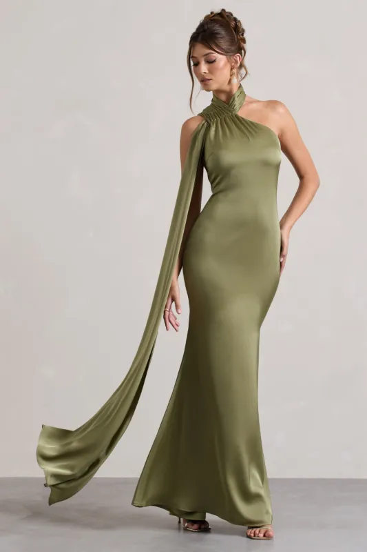 Sancia | Olive Satin Asymmetric Maxi Dress With Sash sold by Club L London