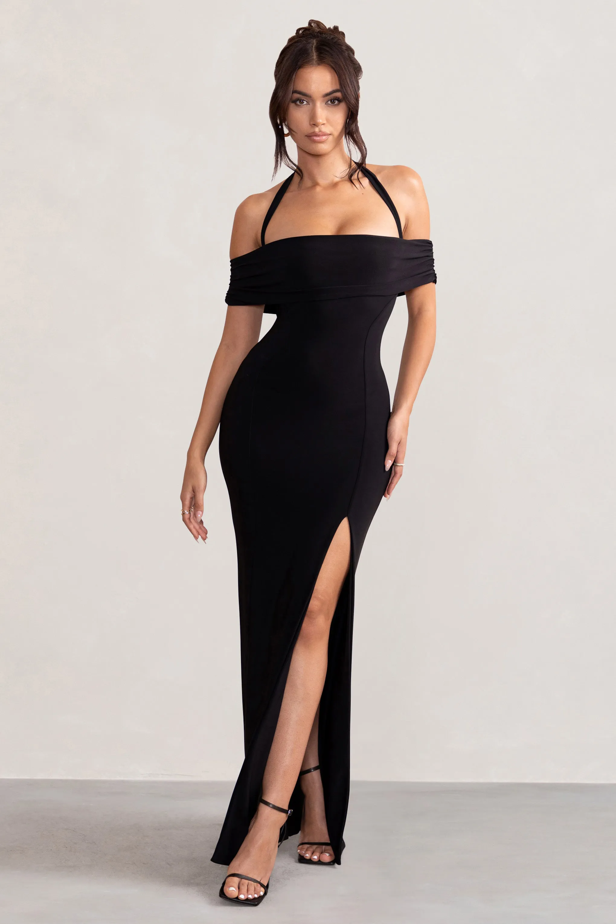 Anisa | Black Halter Neck Bardot Maxi Dress With Thigh Split sold by Club L London