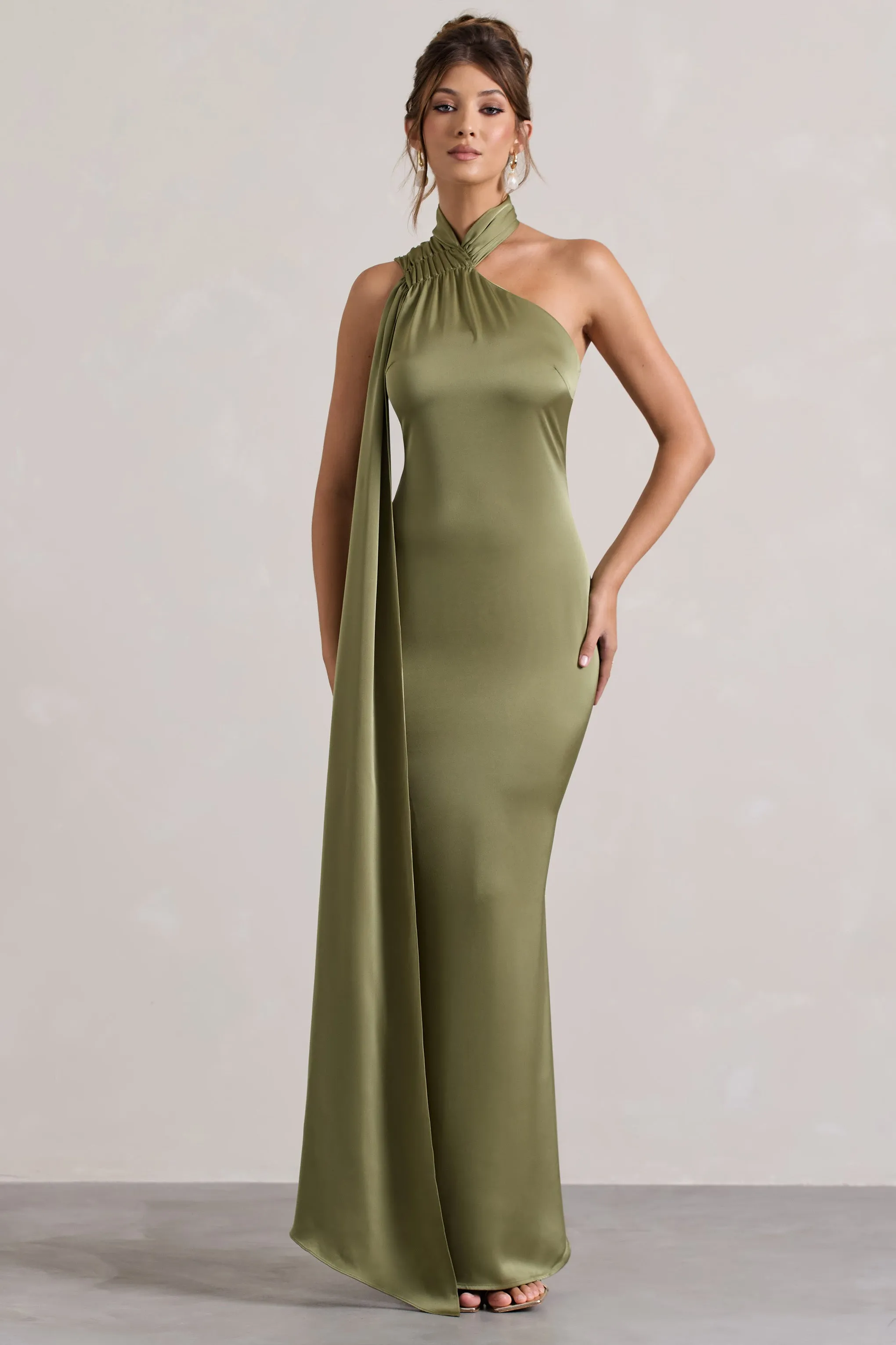 Sancia | Olive Satin Asymmetric Maxi Dress With Sash sold by Club L London product image thumbnail 4
