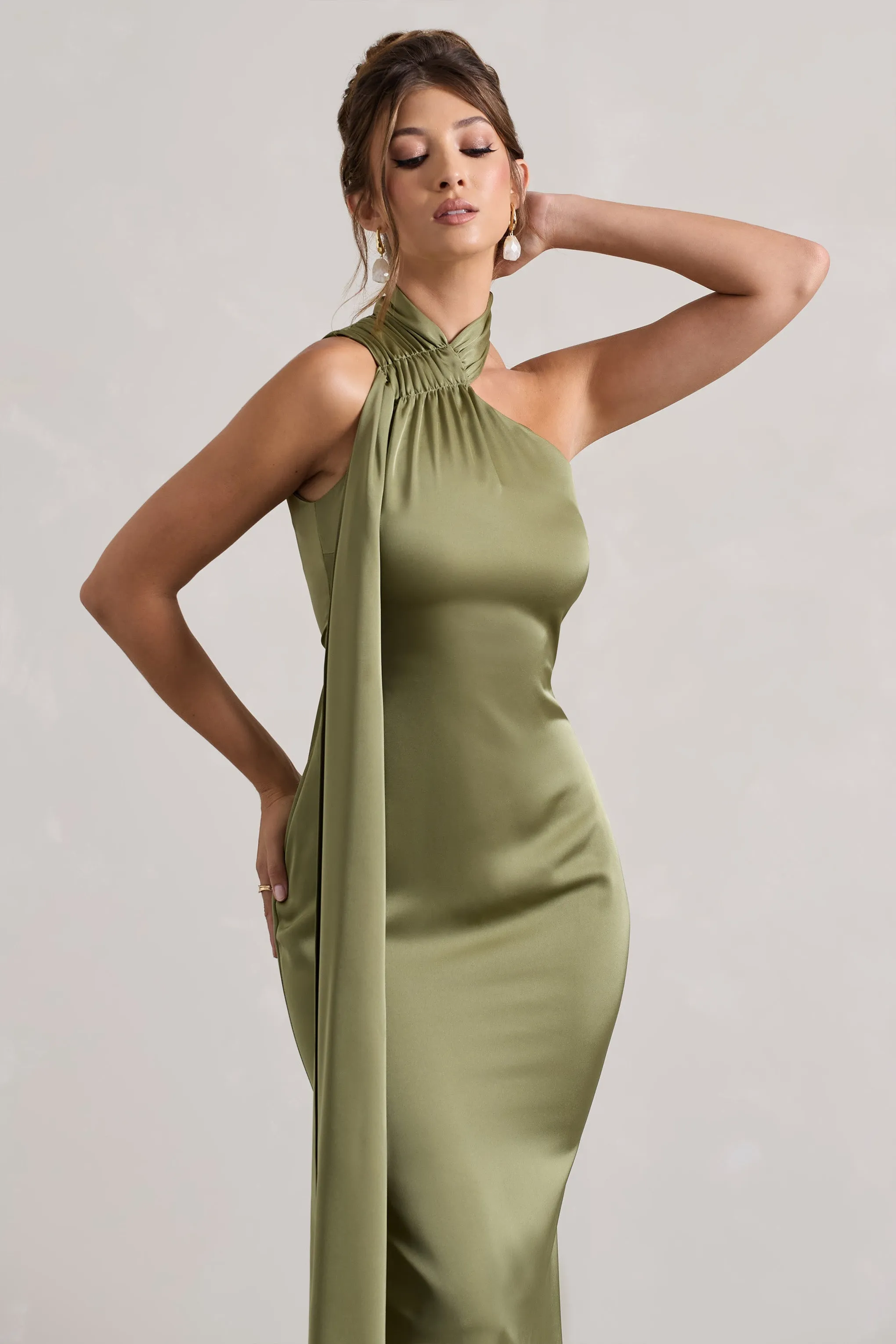 Sancia | Olive Satin Asymmetric Maxi Dress With Sash sold by Club L London product image thumbnail 3