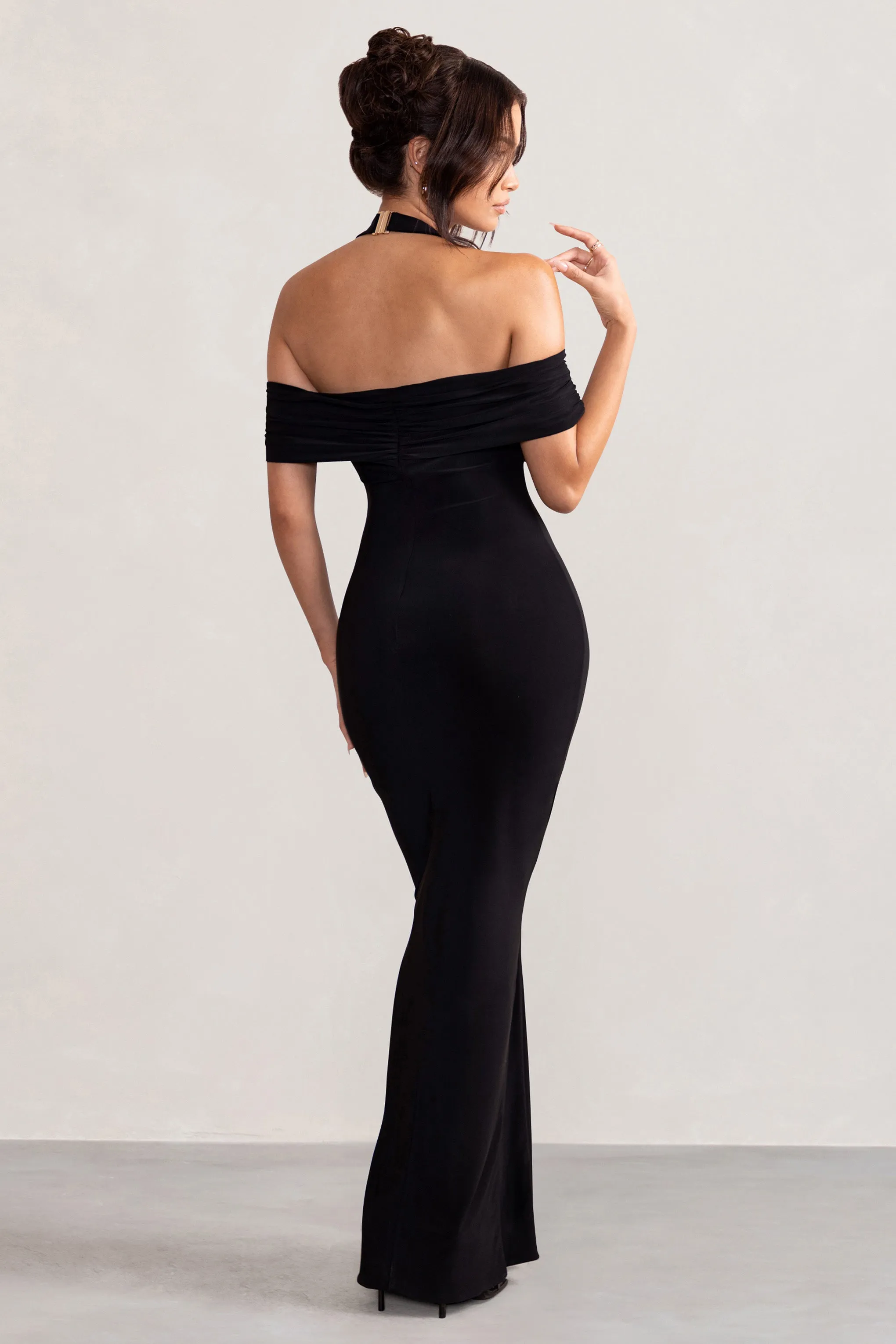 Anisa | Black Halter Neck Bardot Maxi Dress With Thigh Split sold by Club L London product image thumbnail 2