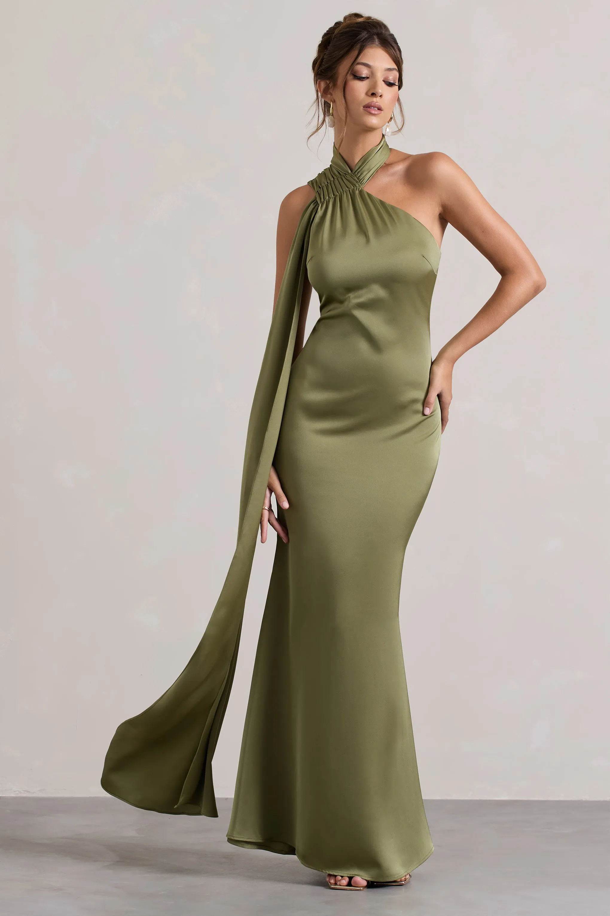 Sancia | Olive Satin Asymmetric Maxi Dress With Sash sold by Club L London product image thumbnail 5