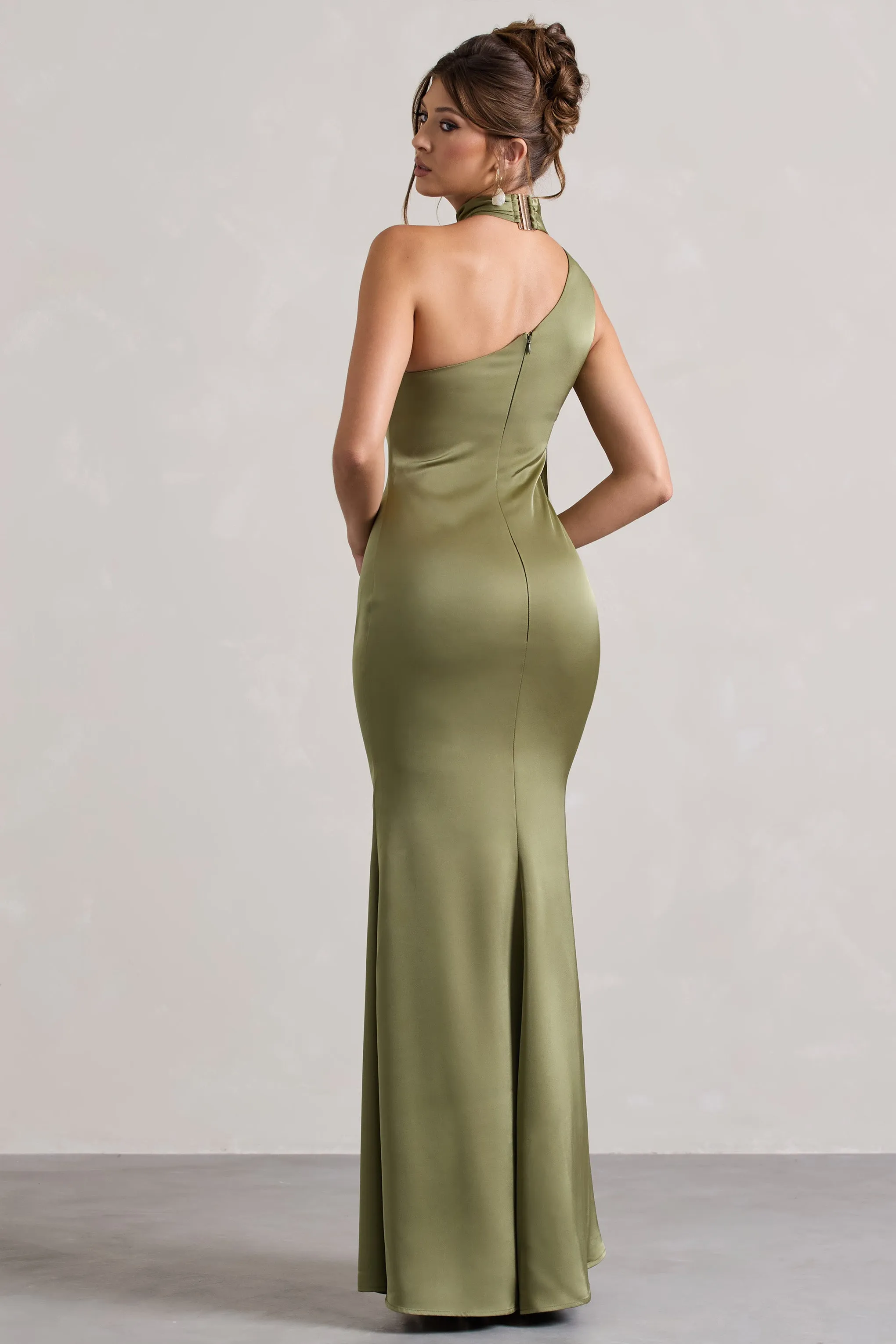 Sancia | Olive Satin Asymmetric Maxi Dress With Sash sold by Club L London product image thumbnail 2
