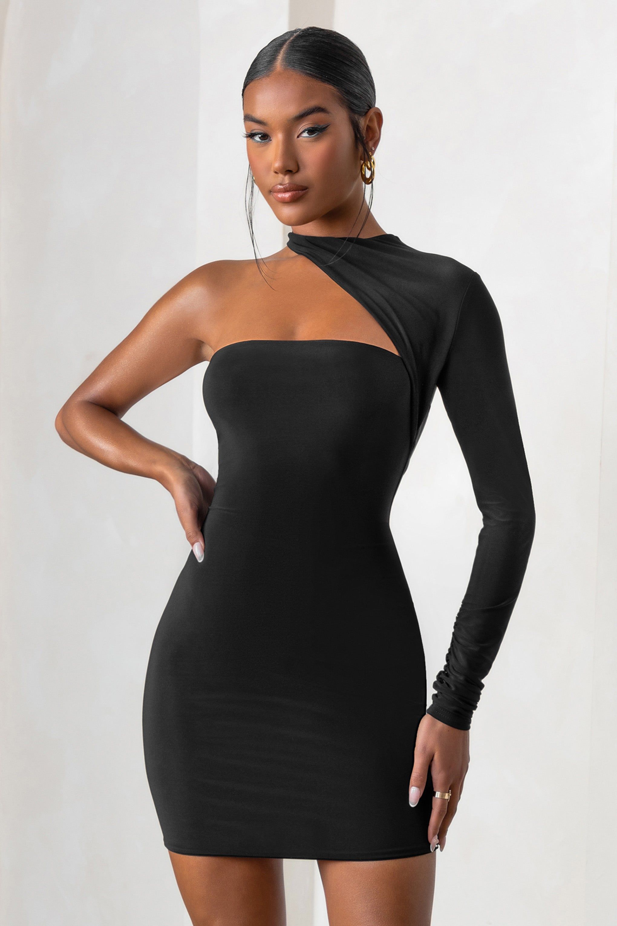 Perfect Touch | Black One Shoulder Long Sleeve Mini Dress sold by Club L London product image thumbnail 4