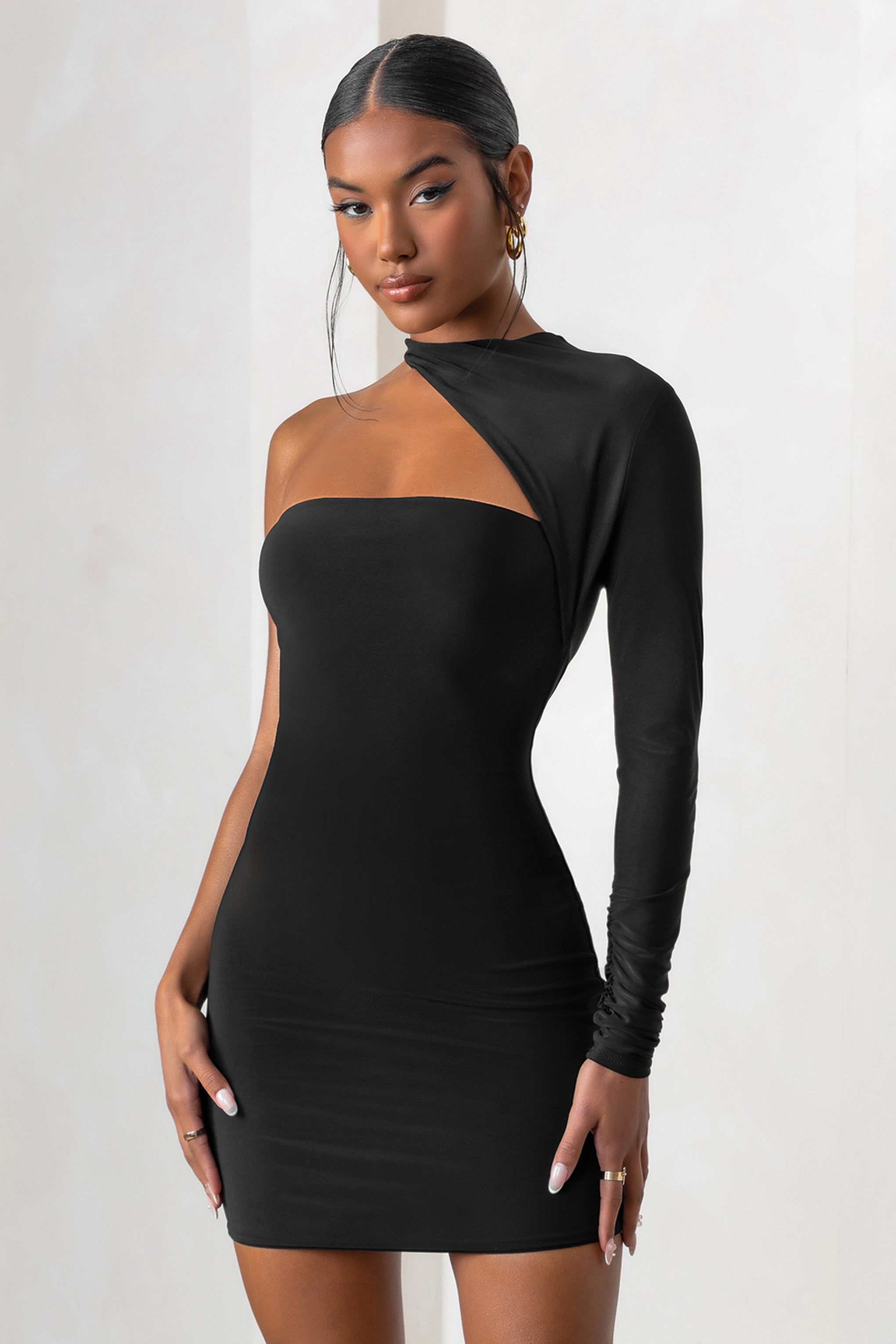 Perfect Touch | Black One Shoulder Long Sleeve Mini Dress sold by Club L London