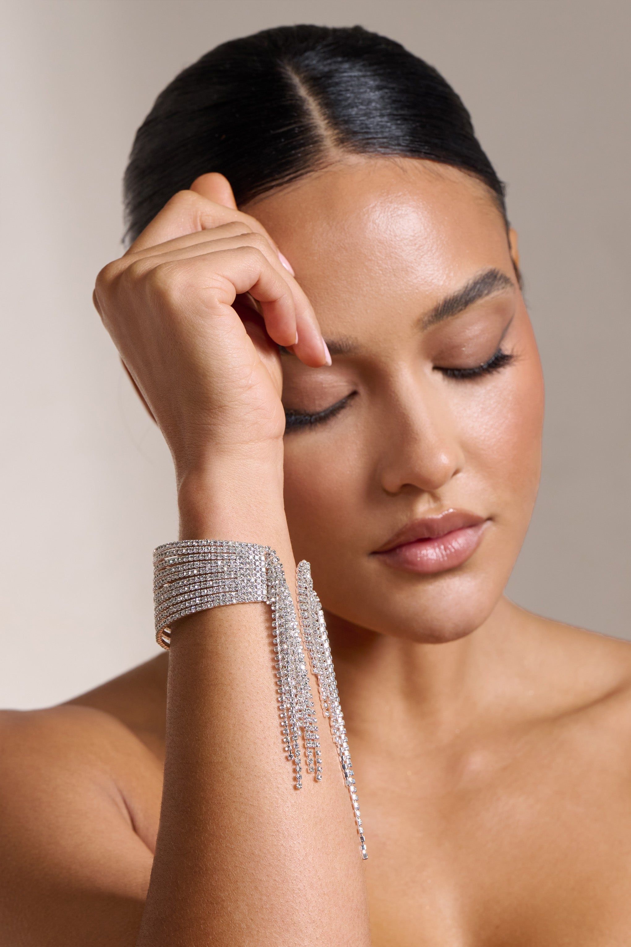 Penny | Silver Diamante Tassel Cuff Bracelet sold by Club L London product image thumbnail 3