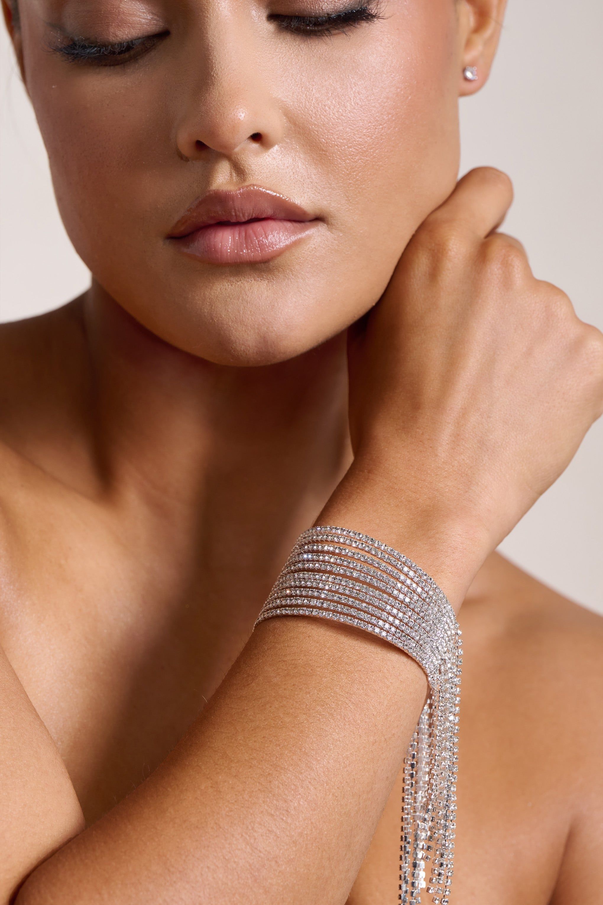 Penny | Silver Diamante Tassel Cuff Bracelet sold by Club L London