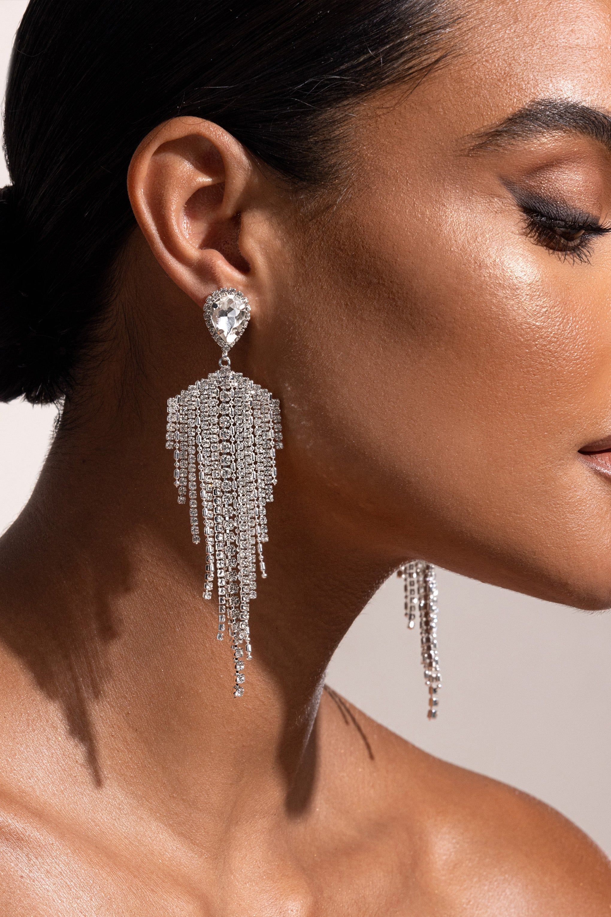Tecla | Silver Diamante Tassel Drop Earrings sold by Club L London product image thumbnail 2