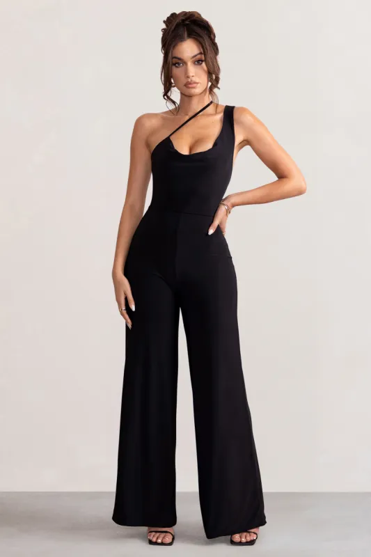 Vienna | Black Asymmetric Cowl Neck Wide Leg Jumpsuit With Open Back Detail sold by Club L London