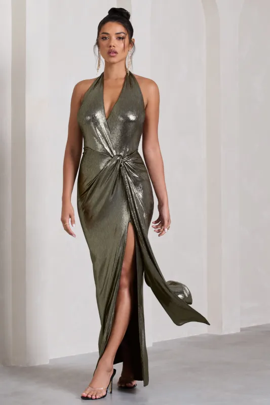 Tabloid Talk | Gold Metallic Plunge Halter-Neck Maxi Dress With Twisted Drape sold by Club L London