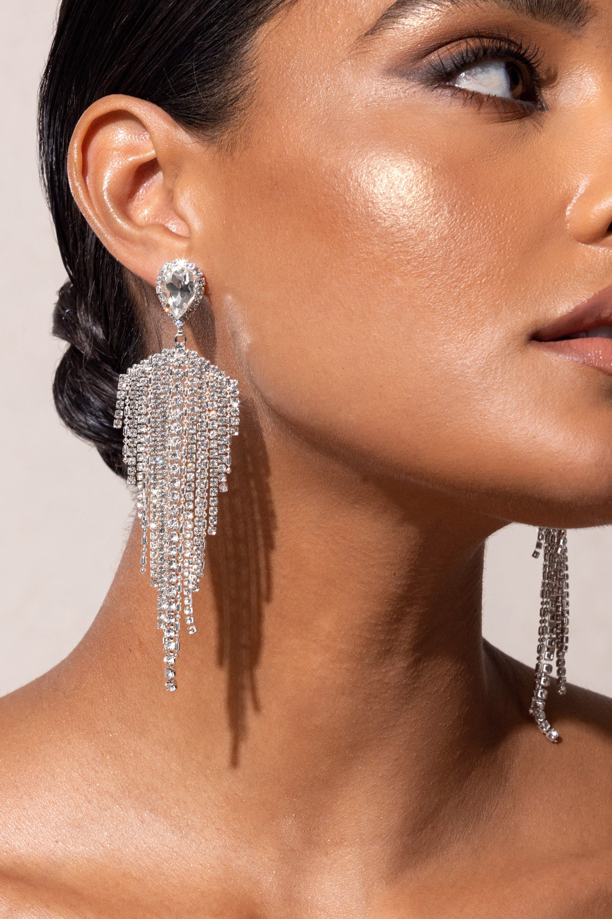 Tecla | Silver Diamante Tassel Drop Earrings sold by Club L London product image thumbnail 3