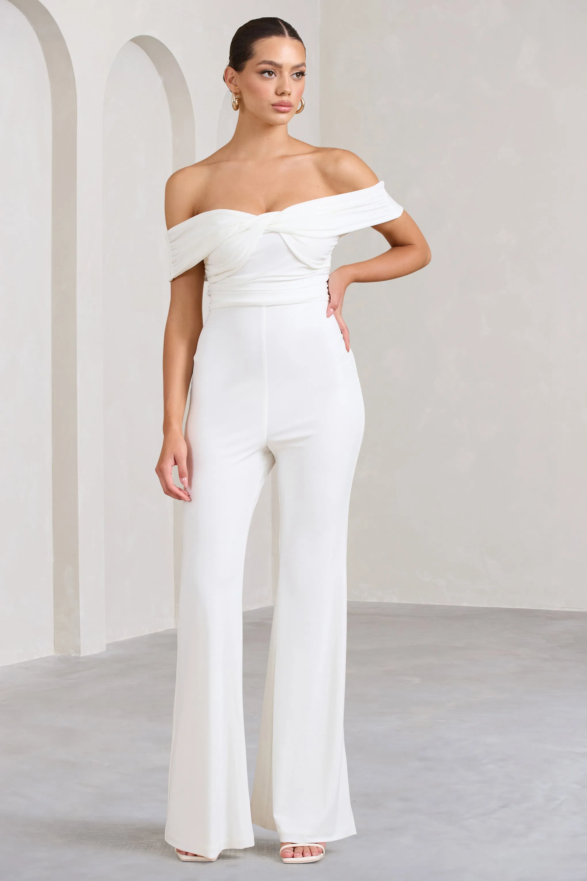 Recognition | White Off The Shoulder Ruched Jumpsuit sold by Club L London