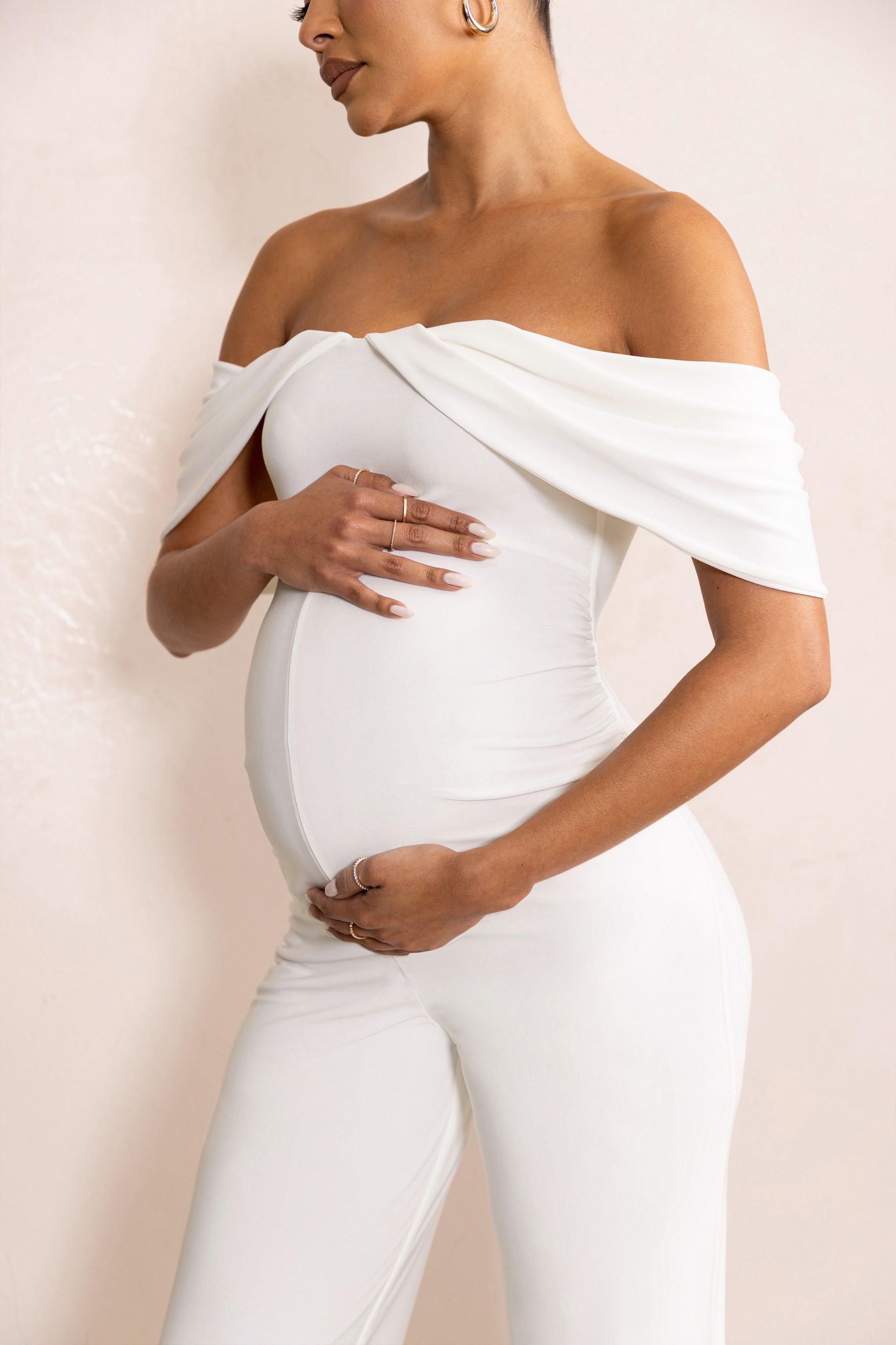 Renata | White Draped Sleeve Bardot Maternity Jumpsuit sold by Club L London product image thumbnail 3