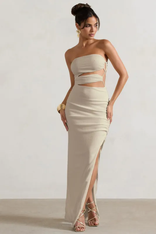 Dominica | Ecru Textured Bandeau Cut-Out Split Maxi Dress sold by Club L London