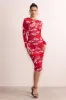 Sia | Red Floral Print High Neck Ruched Midi Dress With Keyhole Detail sold by Club L London