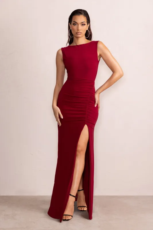 Ione | Berry Ruched Wide Neck Maxi Dress With Open Back Detail sold by Club L London