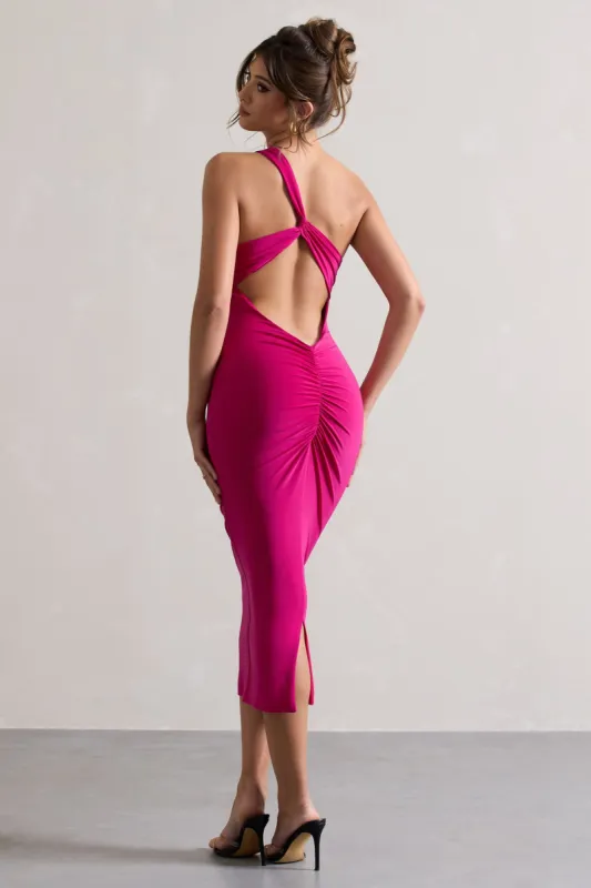 Vineyard | Hot Pink Asymmetric Backless Bodycon Midi Dress sold by Club L London