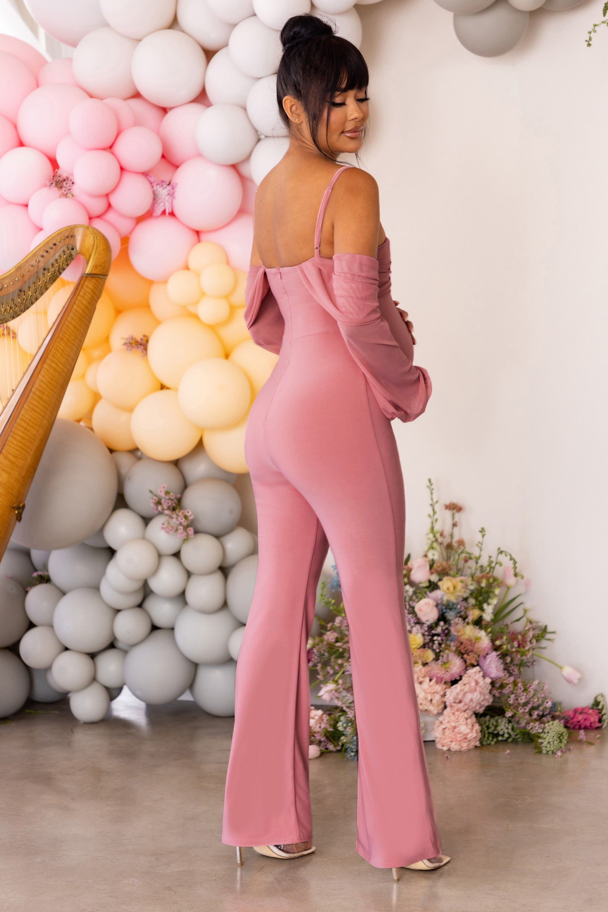 Baby Baby | Rose Pink Maternity Ruched Bardot Jumpsuit sold by Club L London product image thumbnail 2