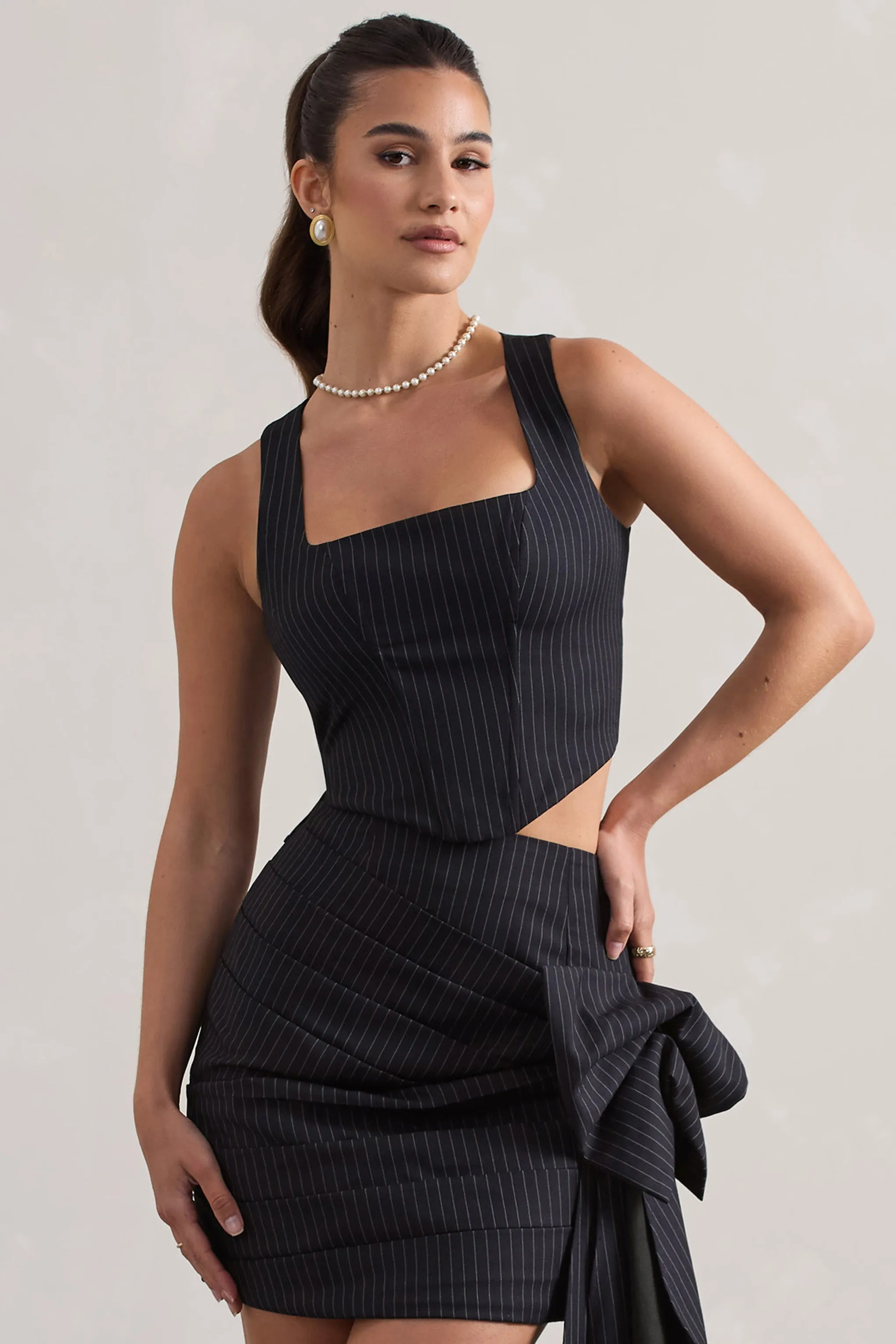 Think Again | Navy Pinstripe Structured Corset Top sold by Club L London