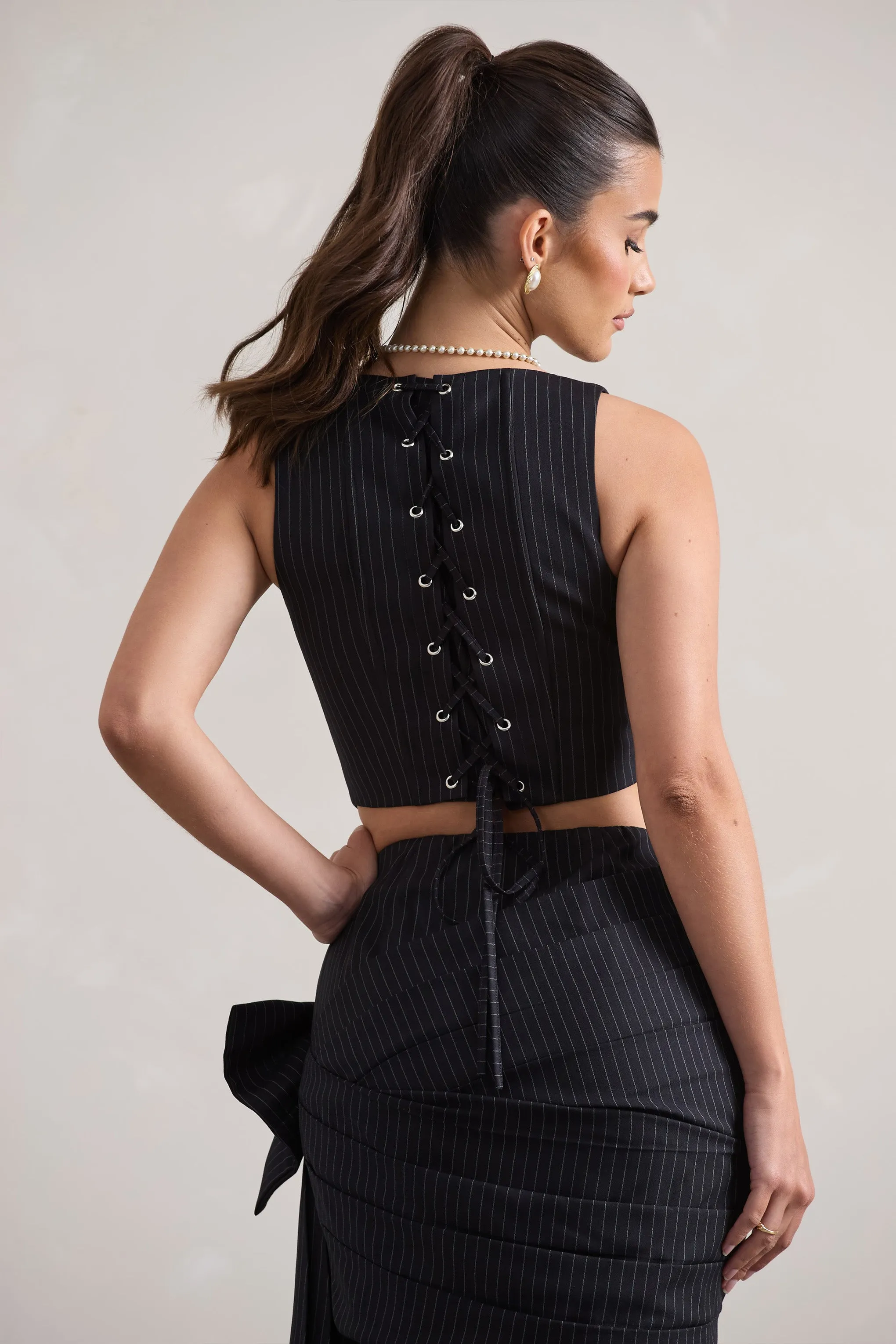 Think Again | Navy Pinstripe Structured Corset Top sold by Club L London product image thumbnail 2