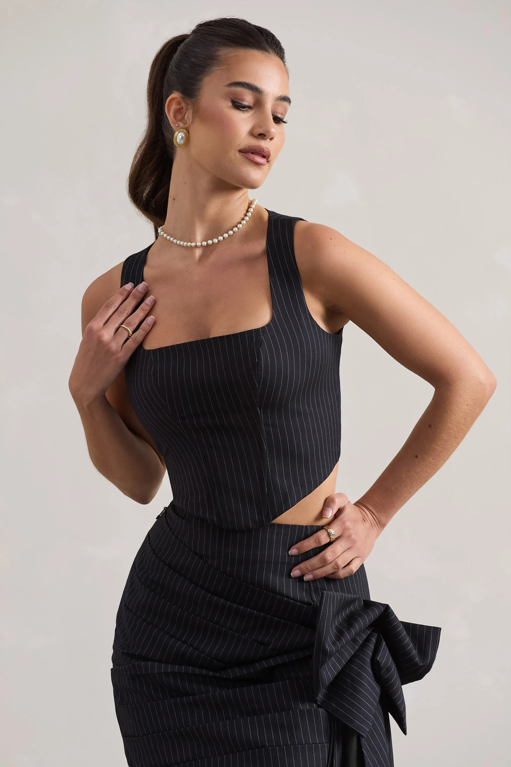 Think Again | Navy Pinstripe Structured Corset Top sold by Club L London product image thumbnail 4