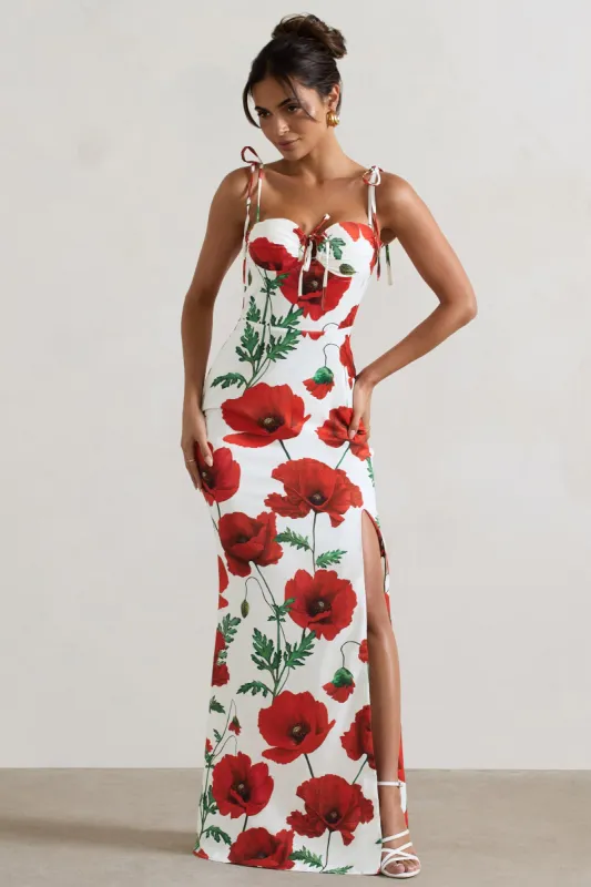 Asola | Poppy Print Sweetheart Split Maxi Dress With Tie Detail sold by Club L London