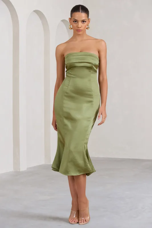 Sauvignon | Olive Satin Bandeau Midi Dress With Cowl Back sold by Club L London