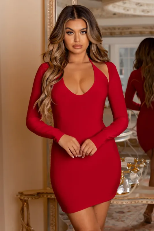 Overload | Petite Red Plunge Neck Long Sleeve Mini Dress sold by Club L London
