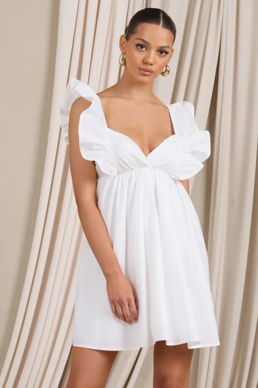 Let's Laze | White Poplin Smocked Mini Dress With Frilled Straps sold by Club L London