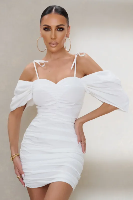 All A Dream | White Sweetheart Neckline Off The Shoulder Ruched Mini Dress sold by Club L London