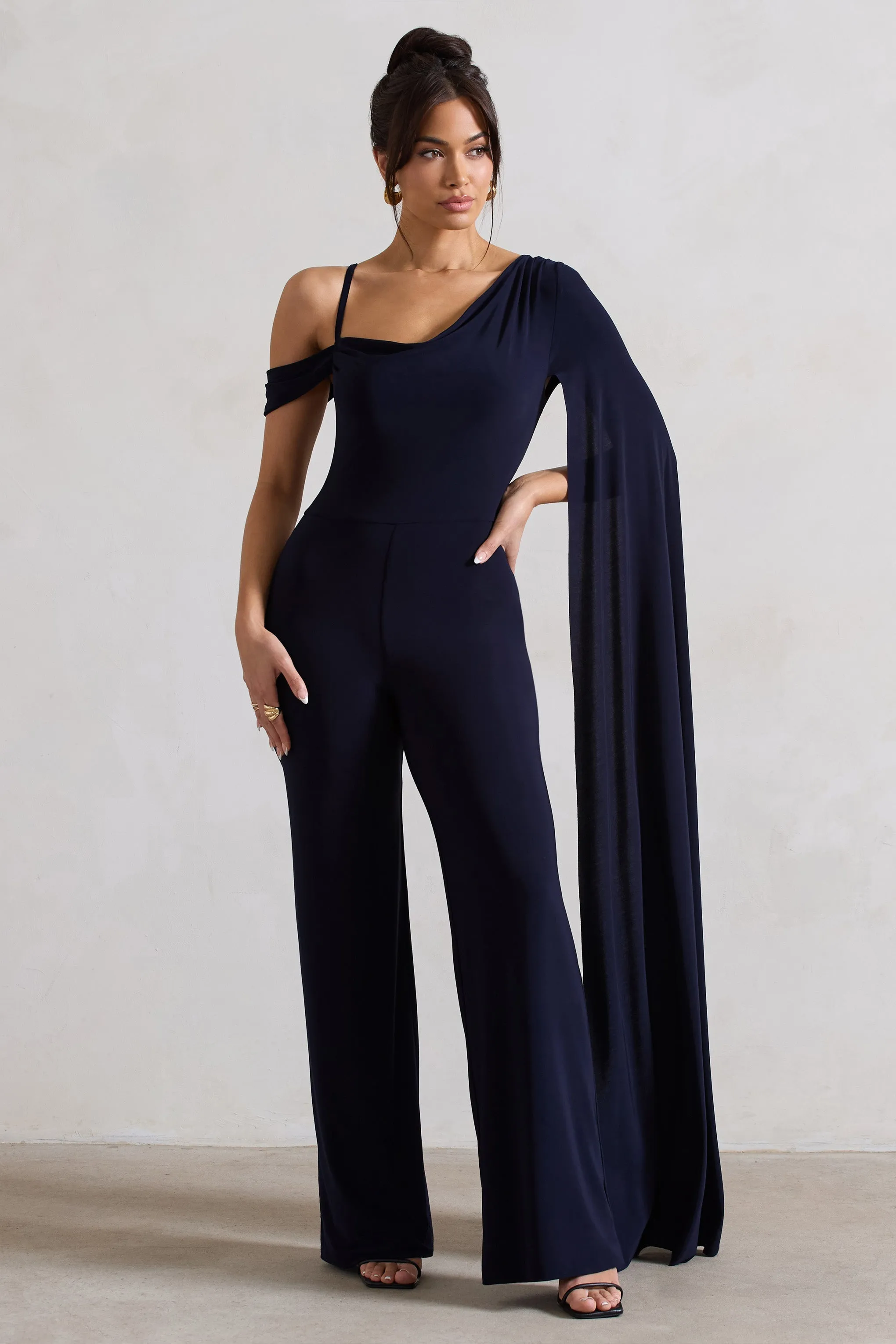 Jelena | Navy Asymmetric Draped Straight-Leg Jumpsuit With Cape Sleeve sold by Club L London product image thumbnail 4